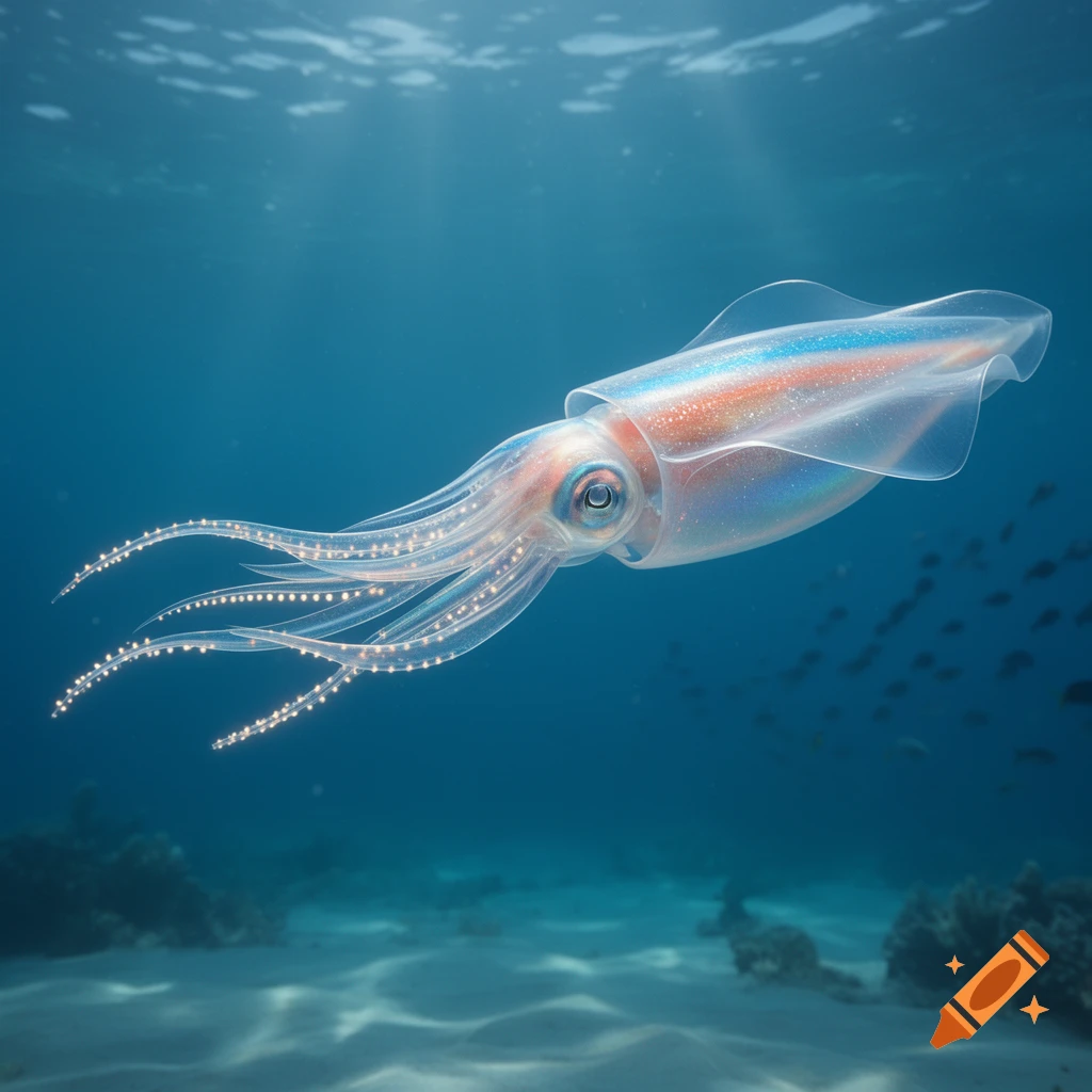 A translucent, iridescent squid-like creature with glowing tentacles swims in clear blue ocean water above a sandy seafloor.