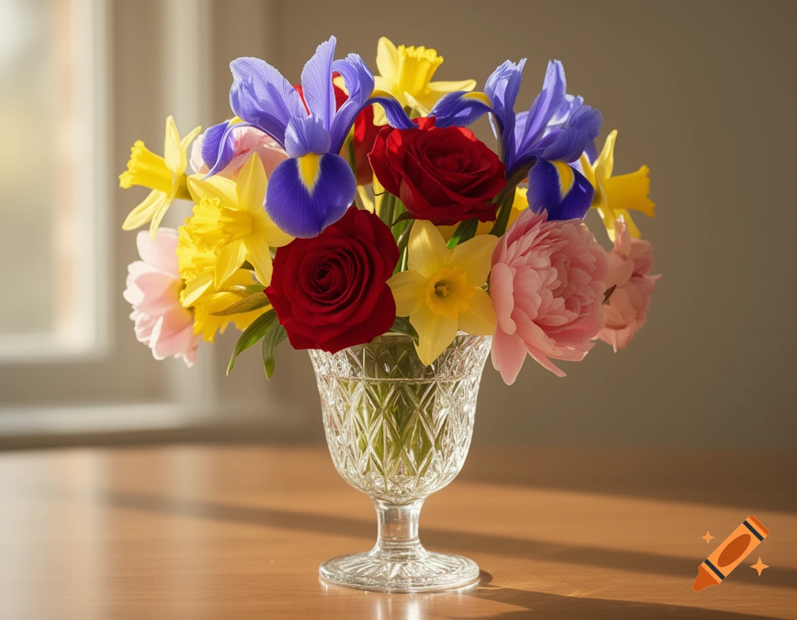 A colorful bouquet of red roses, purple irises, yellow daffodils, and pink peonies in a crystal vase on a wooden table, photorealistic.