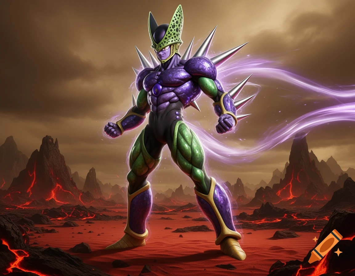 A powerful purple and green spiky fusion creature with glowing purple energy stands in a lava-filled rocky landscape under a stormy sky.