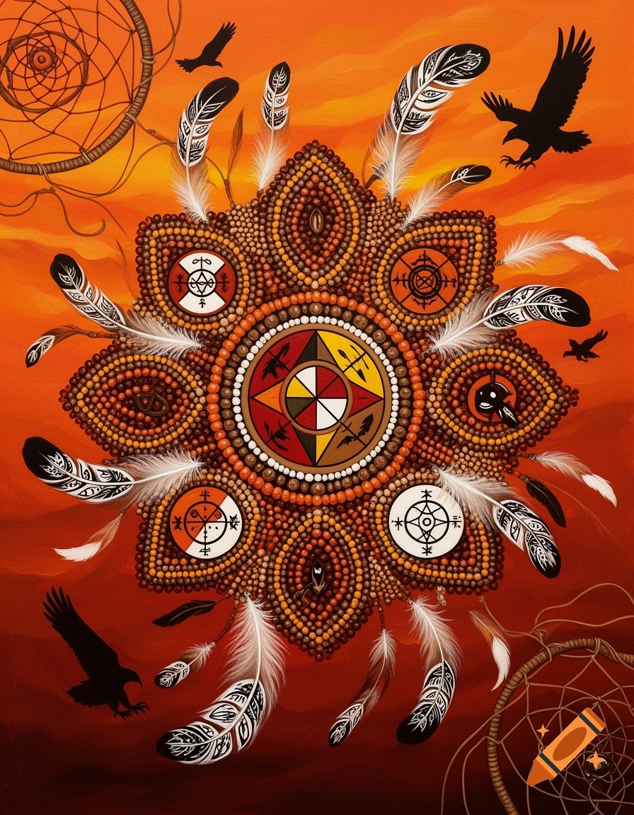 Indigenous art featuring a central beadwork mandala, feathers, spiritual symbols, eagles, and faint dreamcatchers against an orange sunset.