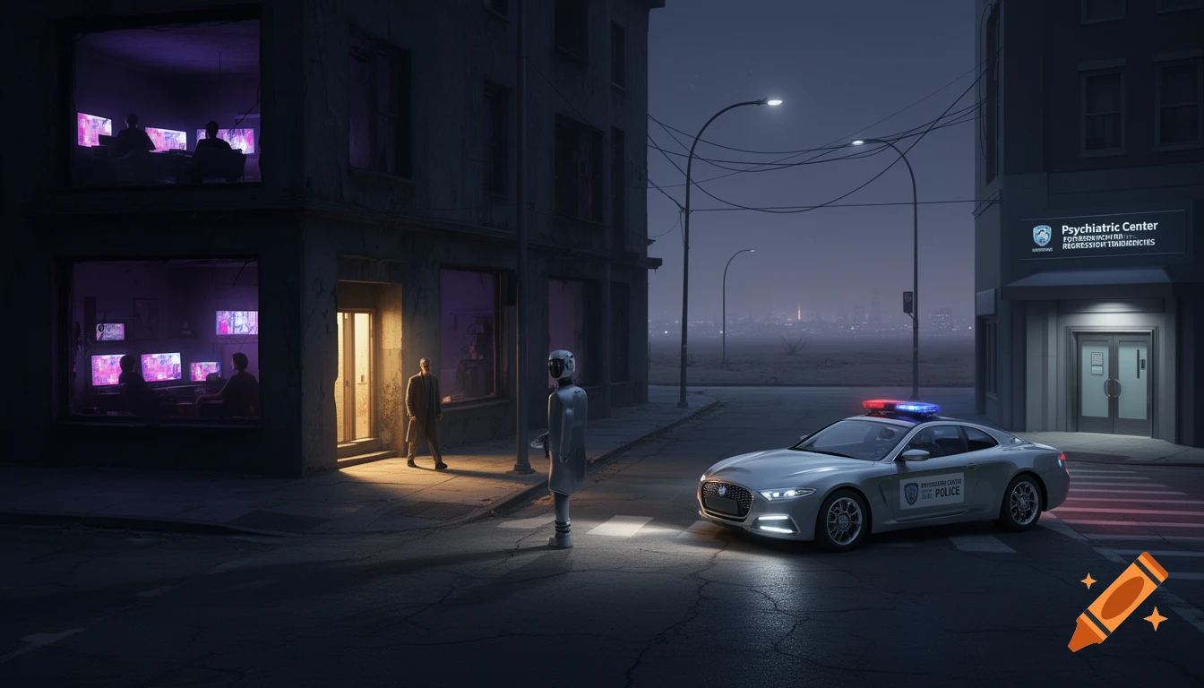 A futuristic city at night with a robotic police car, a man in a trench coat, and a psychiatric center under glowing signs.