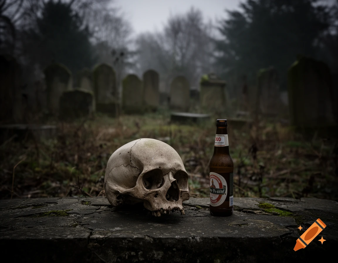 A human skull and a beer bottle rest on a mossy stone surface in a gloomy, fog-laden old graveyard.
