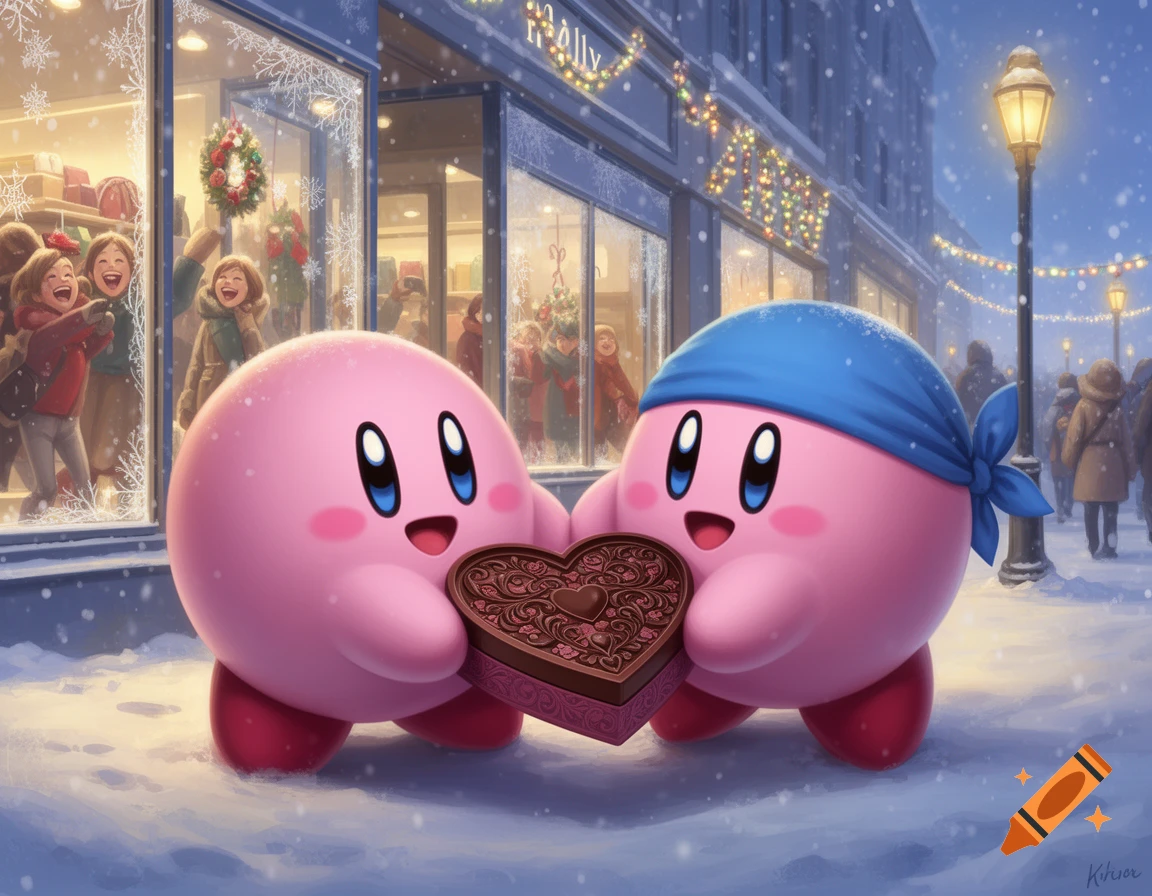 Two pink Kirby characters, one wearing a blue bandana, share a heart-shaped chocolate box in a snowy winter mall with festive lights.