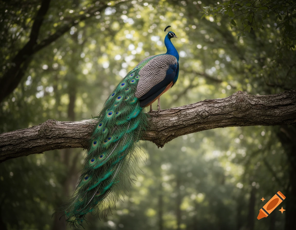A vibrant peacock with a long, iridescent tail perches on a tree branch in a lush, green forest.