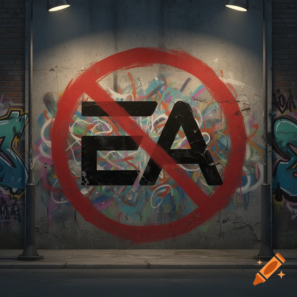 Graffiti wall with the black letters 'EA' inside a red prohibition sign, lit by streetlights in an alley.