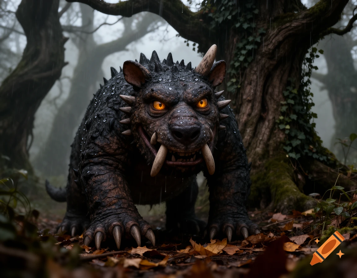 A dark, spiky, fanged monster with glowing orange eyes stands in a misty, rainy forest, looking forward.