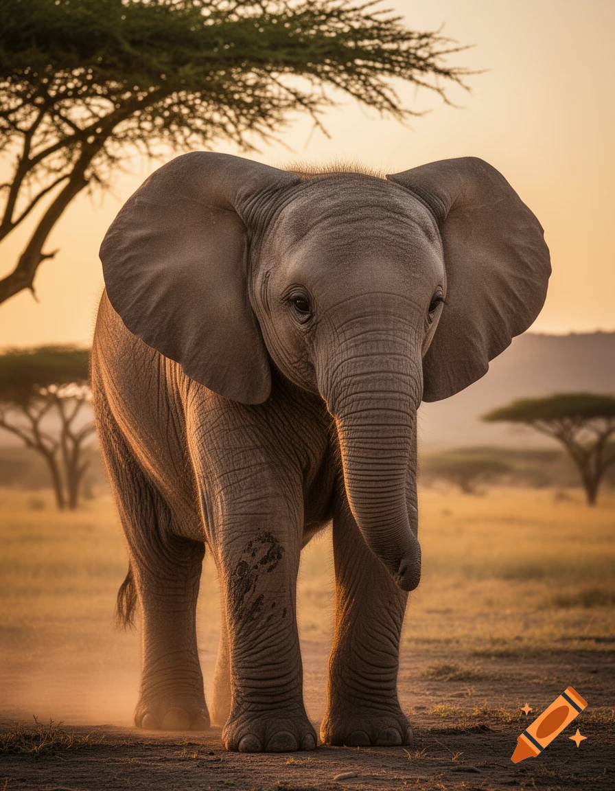 A cute baby elephant stands in an African savanna with trees under a warm sunset sky.