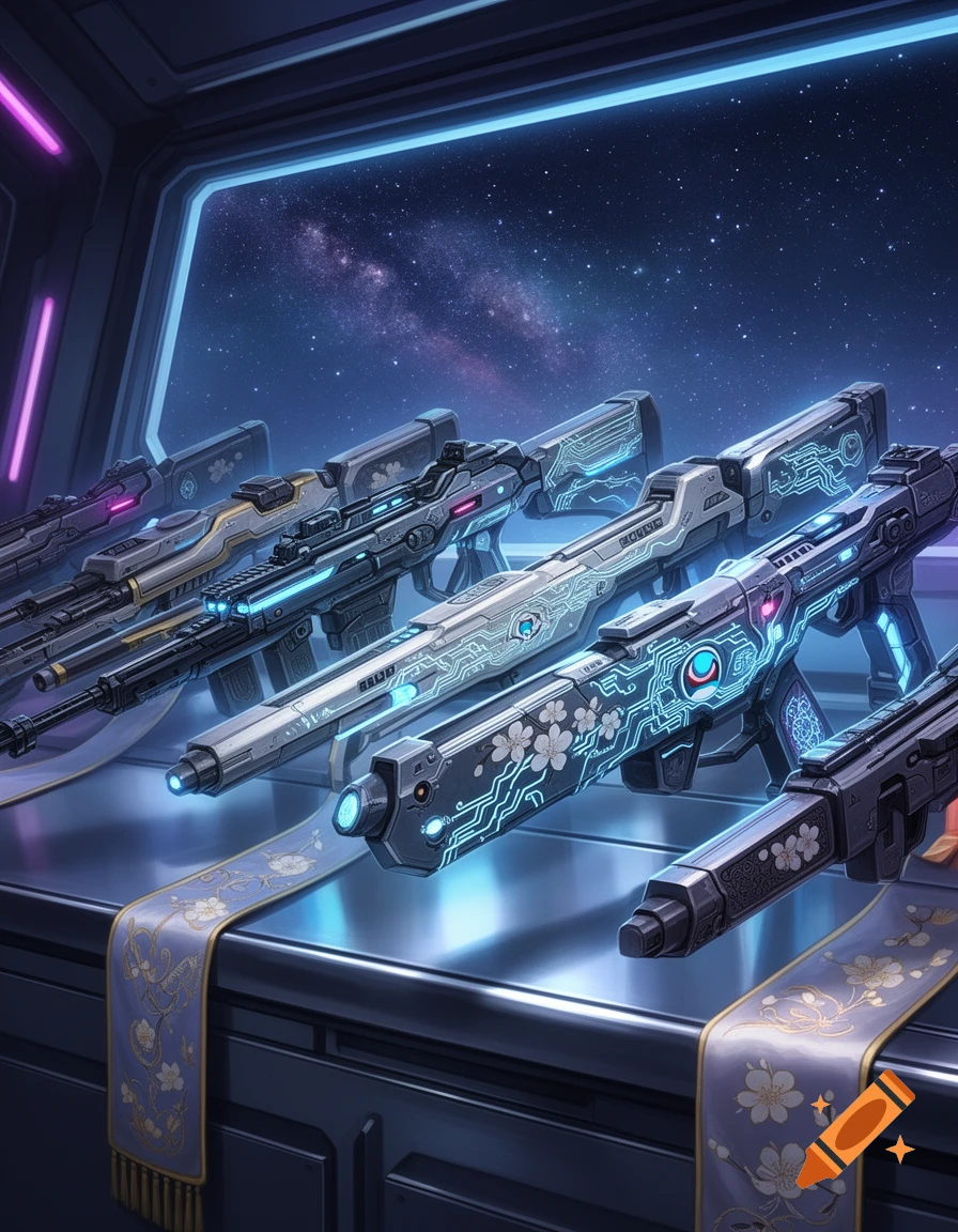 A display of futuristic sci-fi rifles with glowing circuit patterns and floral details, against a starry space background.