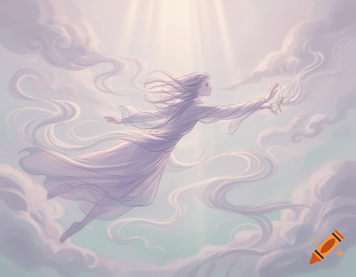 A stylized ethereal figure in a flowing gown floats among pastel clouds, reaching towards a glowing light from above.