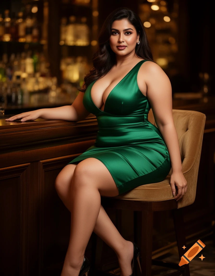 Photorealistic portrait of a woman in an emerald green satin dress sitting at a luxury bar.