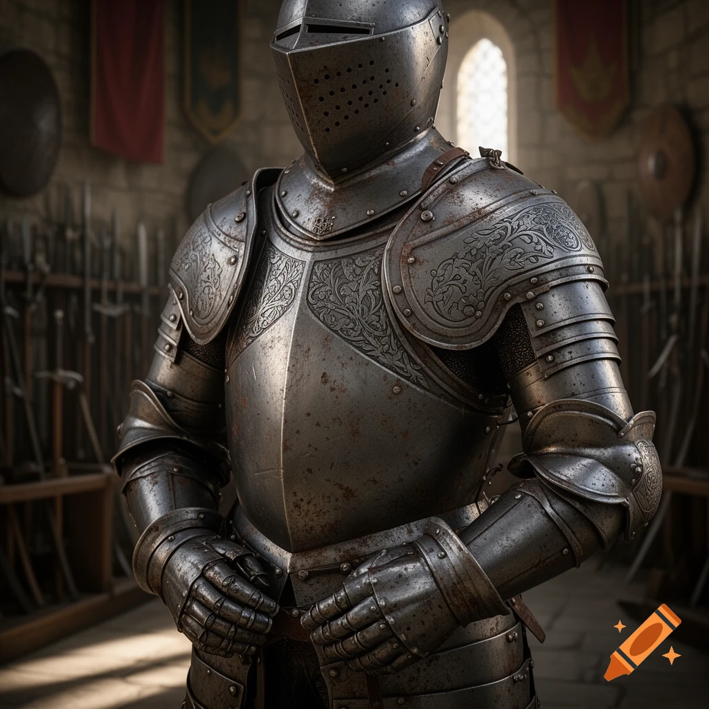 A detailed, photorealistic close-up of a weathered medieval knight armor with ornate engravings, standing in a dim armory.