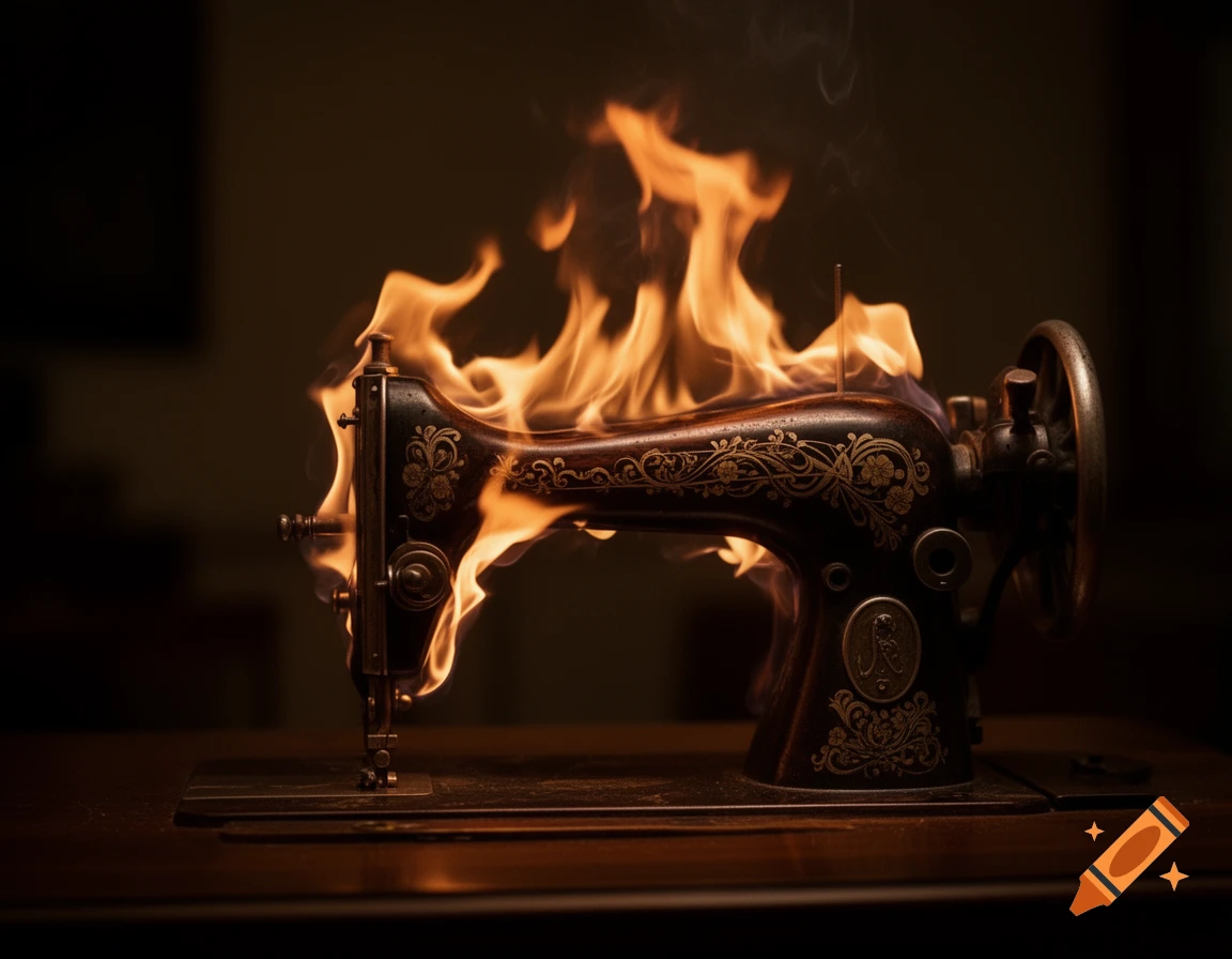 Vintage sewing machine engulfed in realistic flames on a dark background.