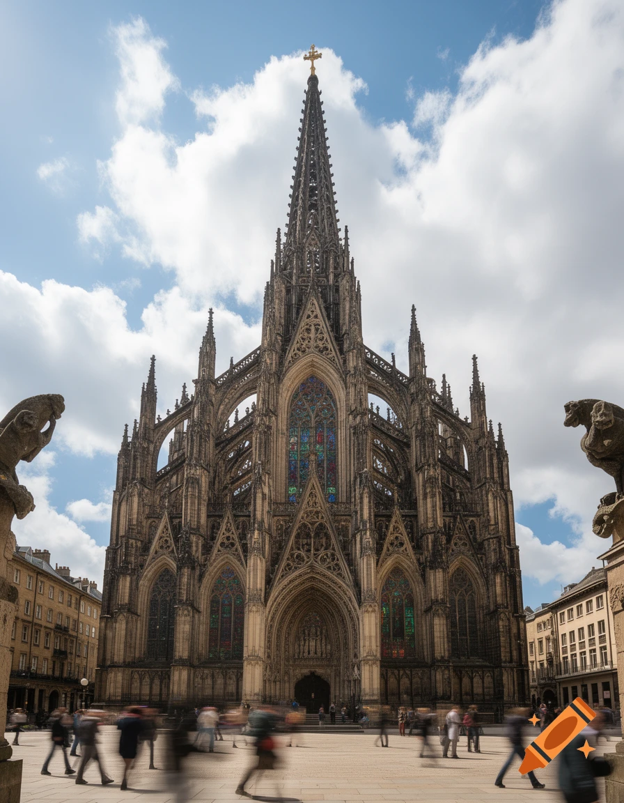 A tall, ornate Gothic cathedral with a pointed spire and stained-glass windows stands in a sunny city plaza with blurry people.