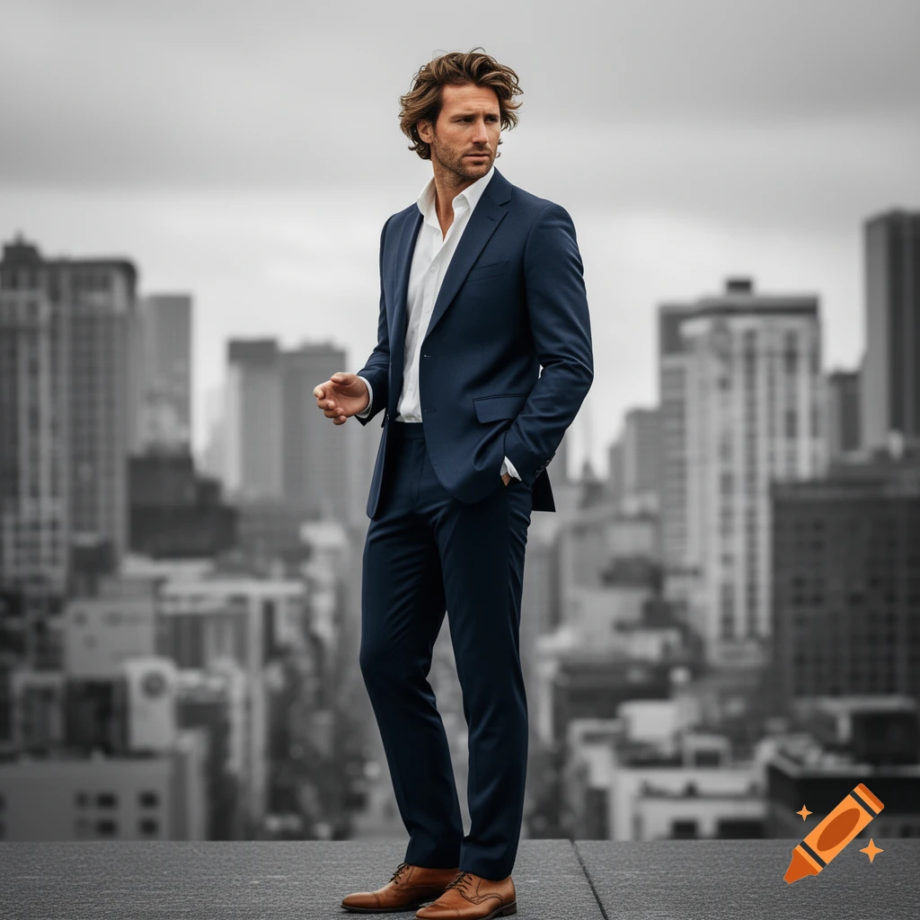 A man in a dark blue suit, white shirt, and brown shoes stands on a rooftop, looking right, with a blurred grayscale cityscape in the background.