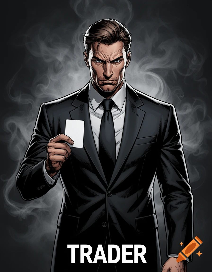 A stern man in a dark business suit, in a semi-realistic comic style, holds a white card with 'TRADER' written below, against a smoky background.