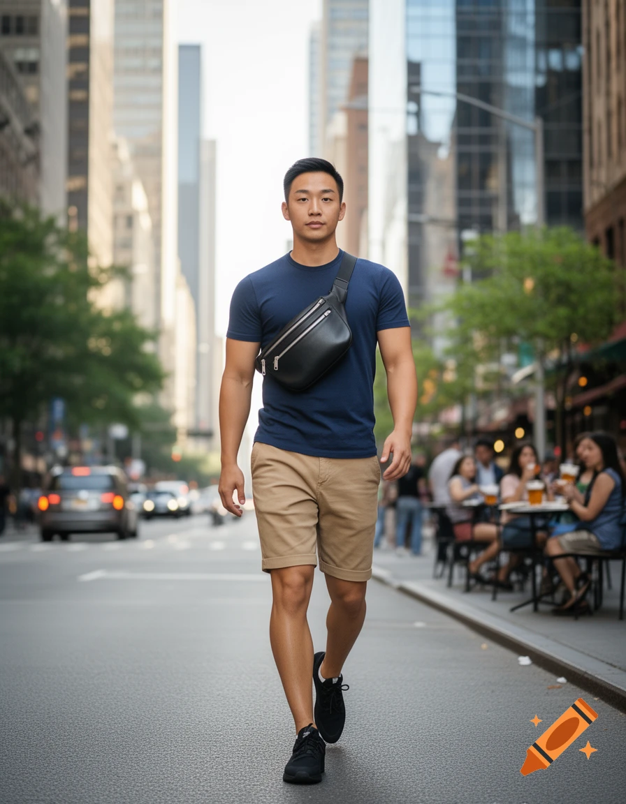 A man in a navy t-shirt, khaki shorts, and a black belt bag walks on a city street, looking at the viewer.