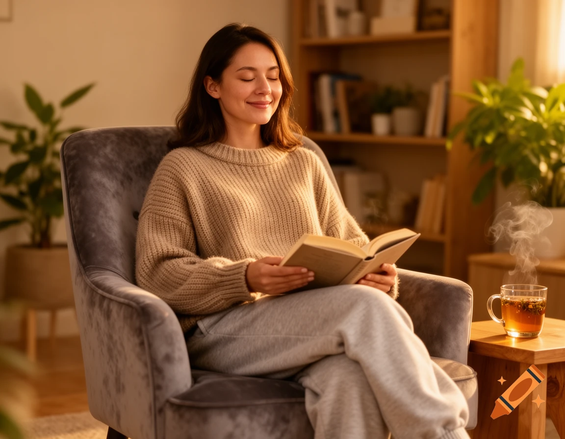 A smiling woman in a cozy sweater reads a book with closed eyes while relaxing in an armchair, a steaming cup of tea on a side table.