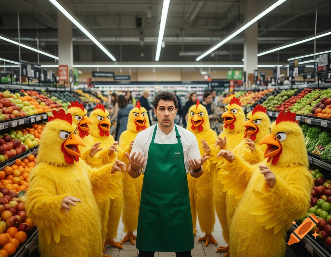A bewildered produce worker in a supermarket is surrounded by angry people in chicken costumes.