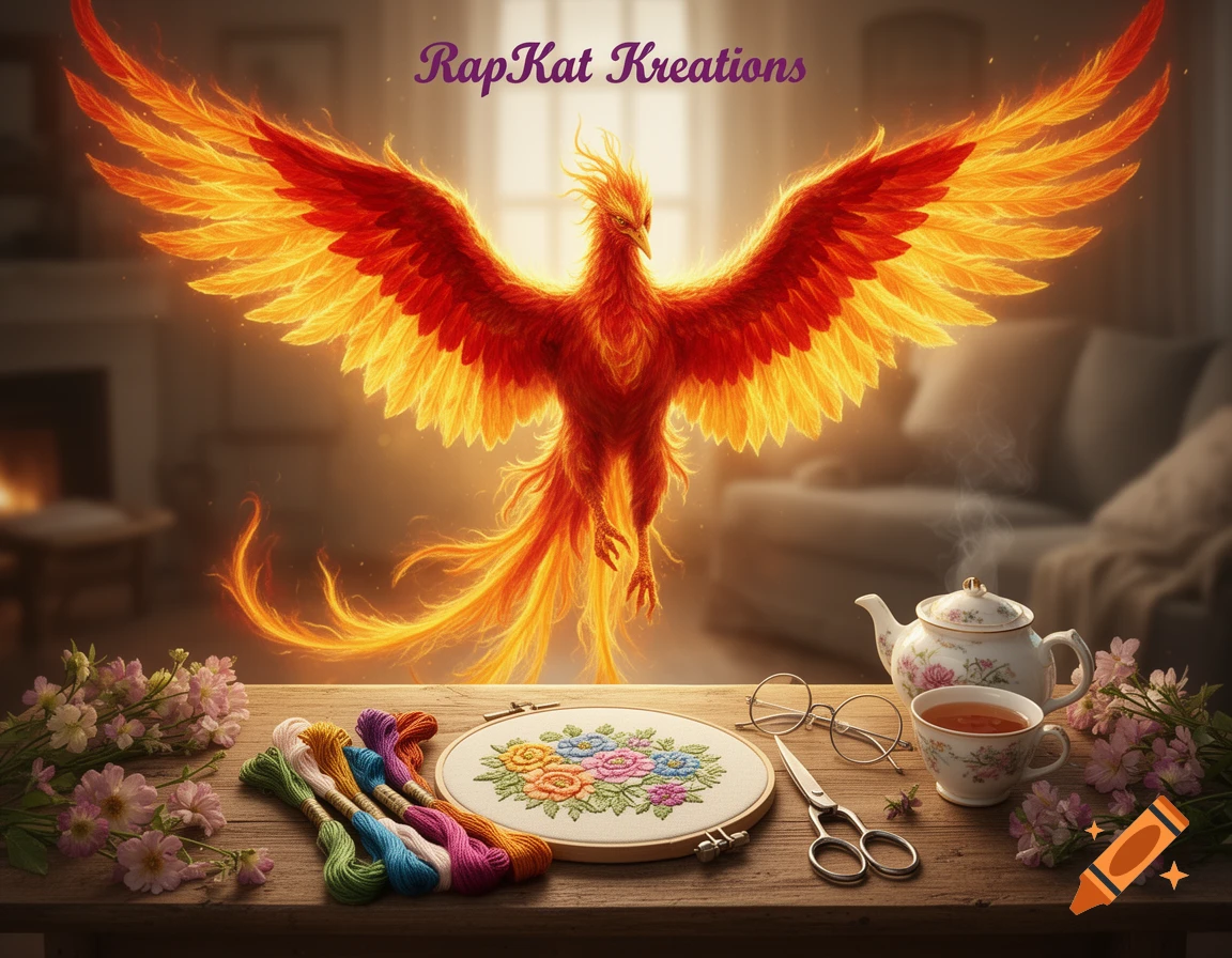 A flaming phoenix rises above a wooden table with an embroidered floral hoop, colorful floss, scissors, eyeglasses, teapot, teacup, and pink flowers in a cozy home.
