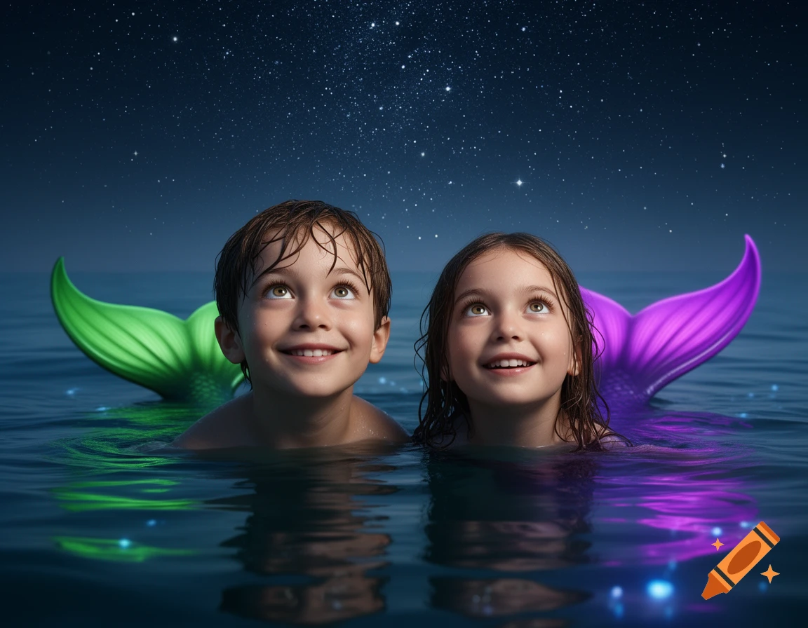 Two smiling mermaid children with green and purple tails look up at a starry night sky from the ocean.
