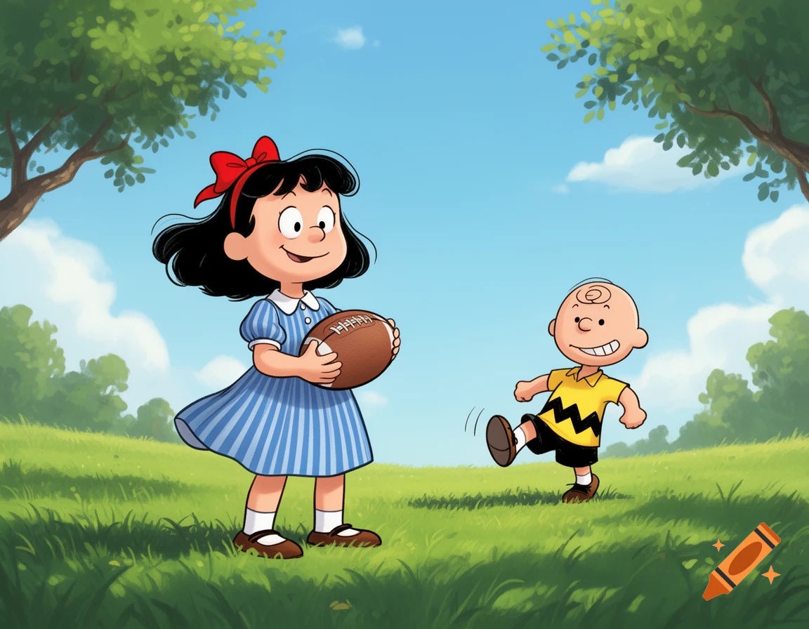 Lucy holds a football while Charlie Brown kicks it in a sunny, grassy field, cartoon style.