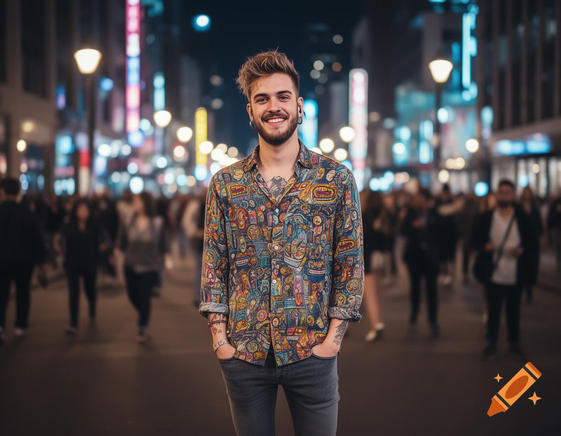 Smiling young man with a beard and a colorful patterned shirt, standing on a city street at night with neon lights in the background.
