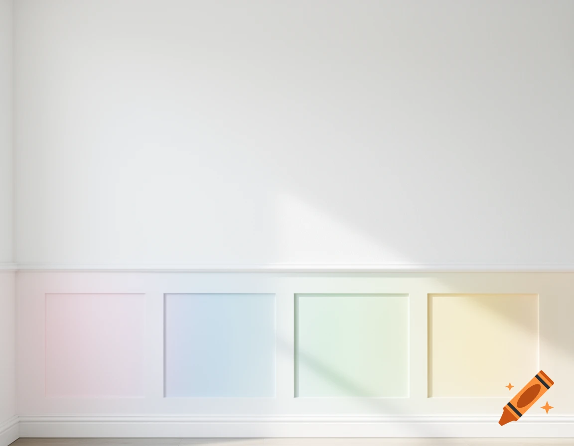 White wall with light pastel rainbow wainscoting in a bright room.