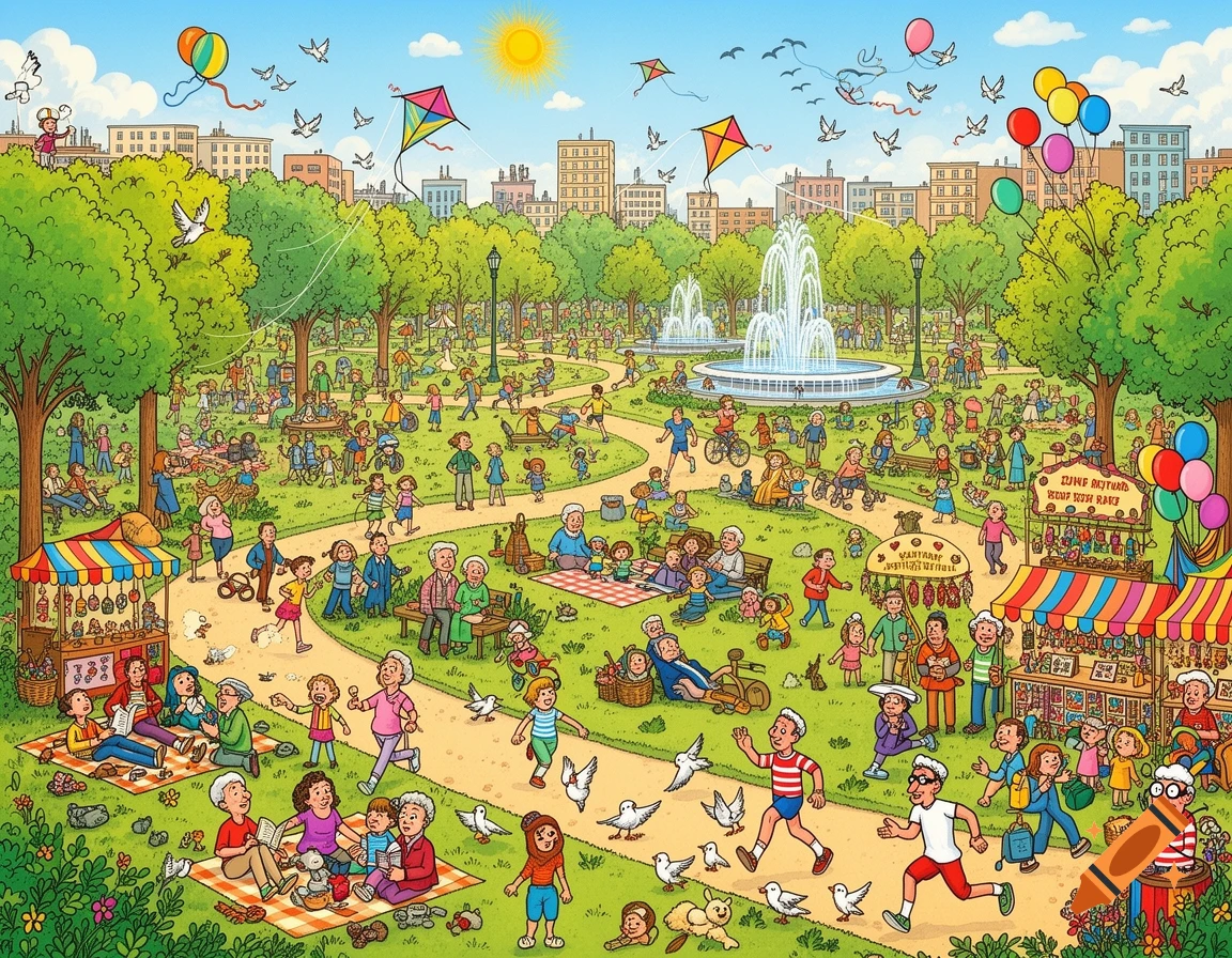 A busy cartoon park scene filled with many people, trees, fountains, and market stalls under a sunny sky, in the style of Where's Wally.