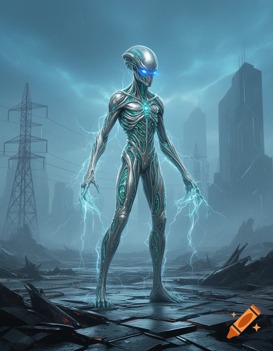 A grey and teal alien with glowing blue eyes and electrical energy around its hands stands in a desolate futuristic cityscape with power lines and tall buildings under a stormy sky.