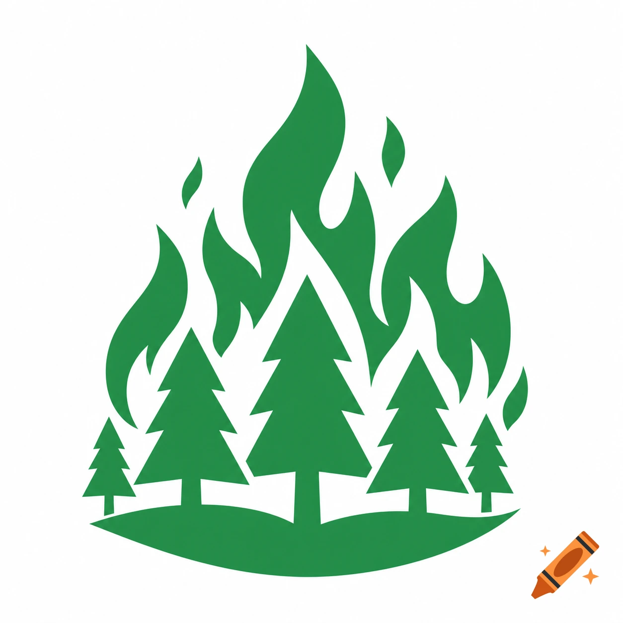 A stylized green icon depicting a forest fire, with multiple evergreen trees surrounded by flames.