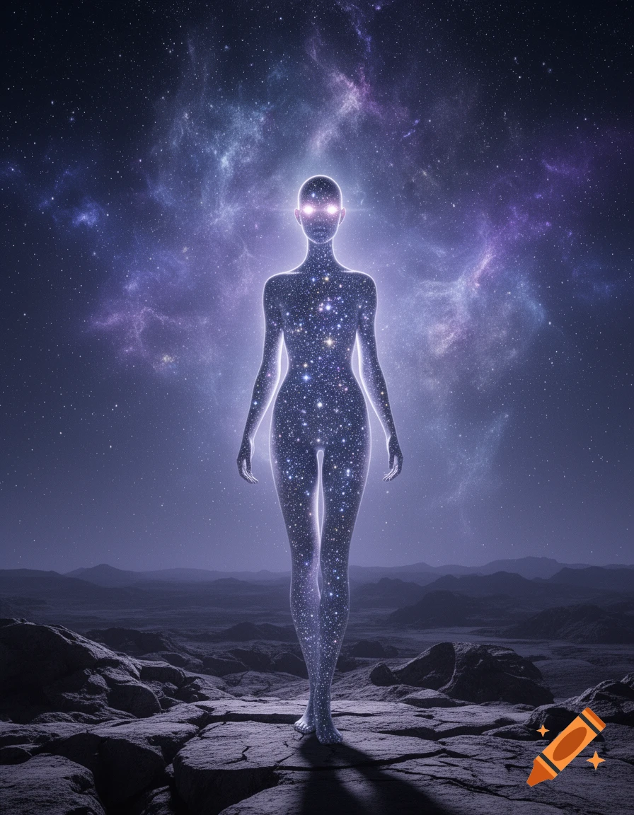 A shimmering, starry humanoid figure with glowing eyes stands on a rocky alien planet under a vast, purple-hued starry sky.