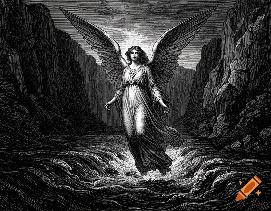 A black and white woodcut engraving shows a winged female angel floating above a dark, rushing river between rocky cliffs.