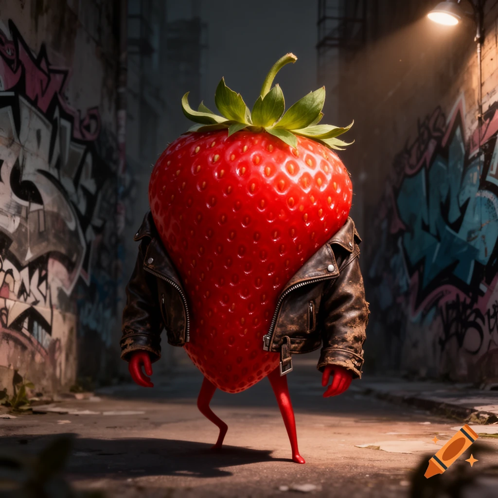 An anthropomorphic strawberry in a leather jacket stands in a graffiti-covered alley at night.