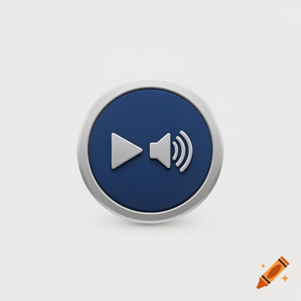 A 3D rendered menu button with a silver rim and a dark blue center, featuring white play and volume icons.