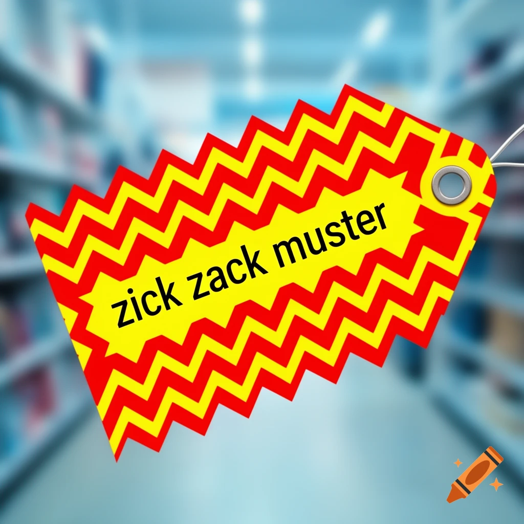 A red and yellow zig-zag patterned price tag with 'zick zack muster' text on a starburst, in a blurred retail store setting.