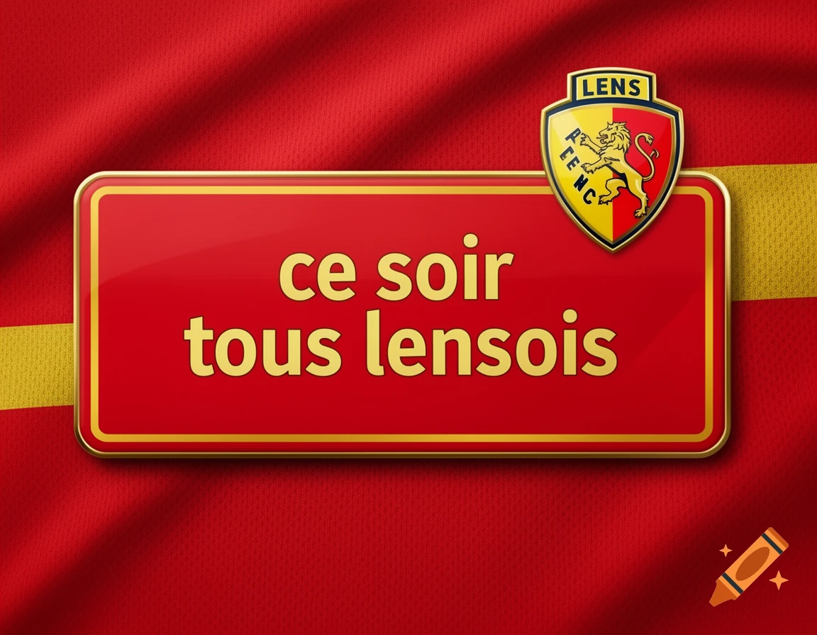 A red and gold football club badge with the text 'ce soir tous lensois' and a lion logo, on a red jersey background.