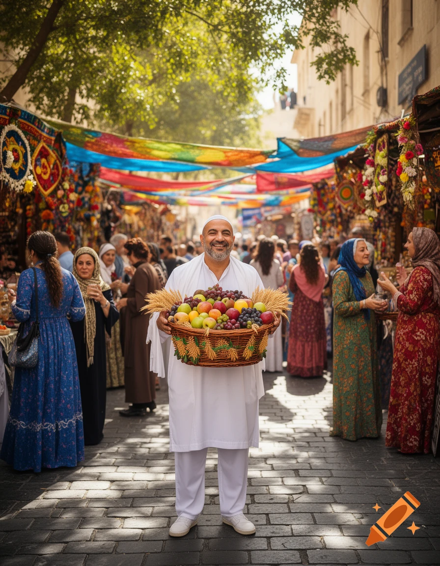 A man in white holding a large basket of fruit and wheat stands smiling in a colorful, bustling outdoor marketplace.