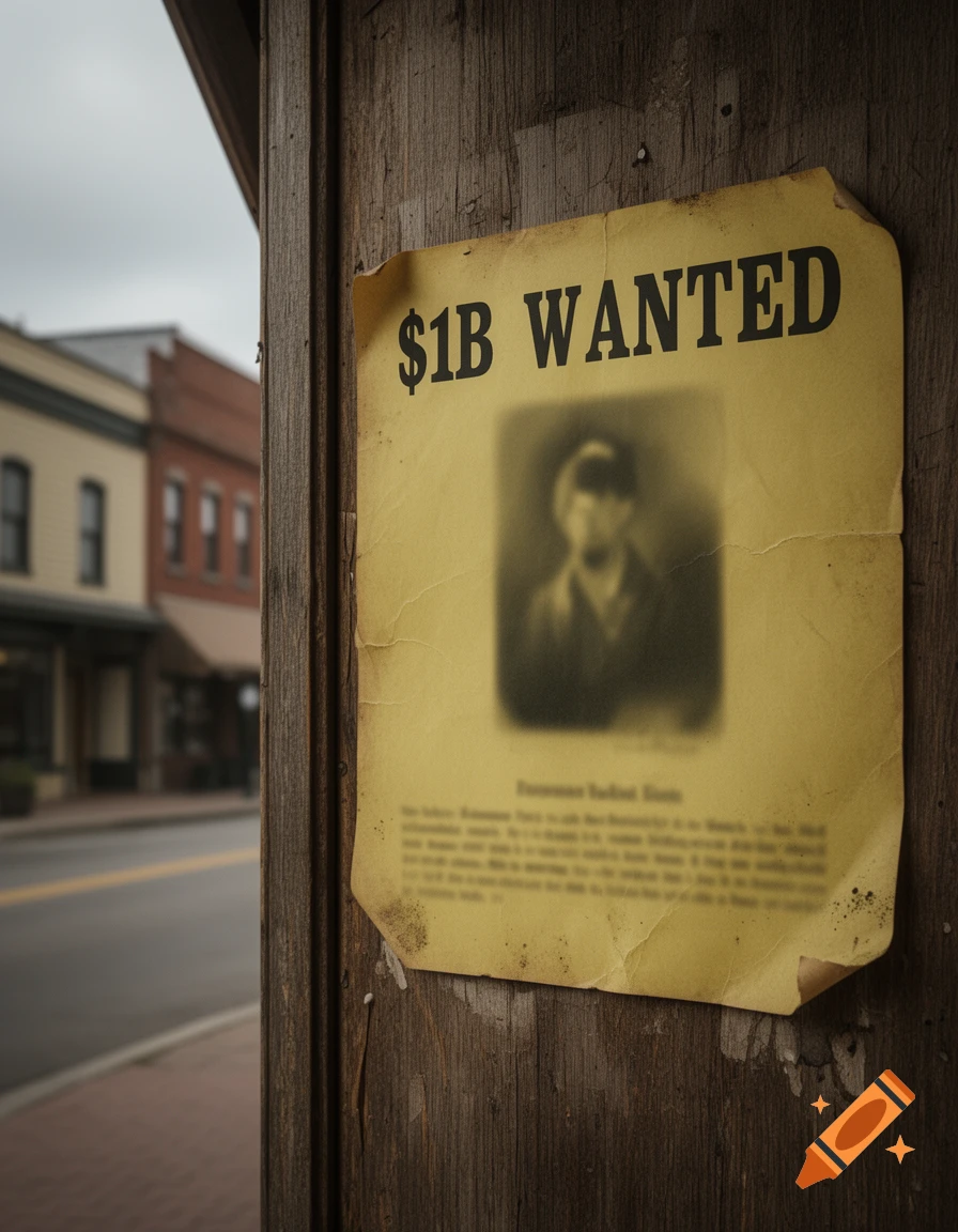 A vintage $1B wanted poster with a blurry portrait, tacked to a wooden post on a street.