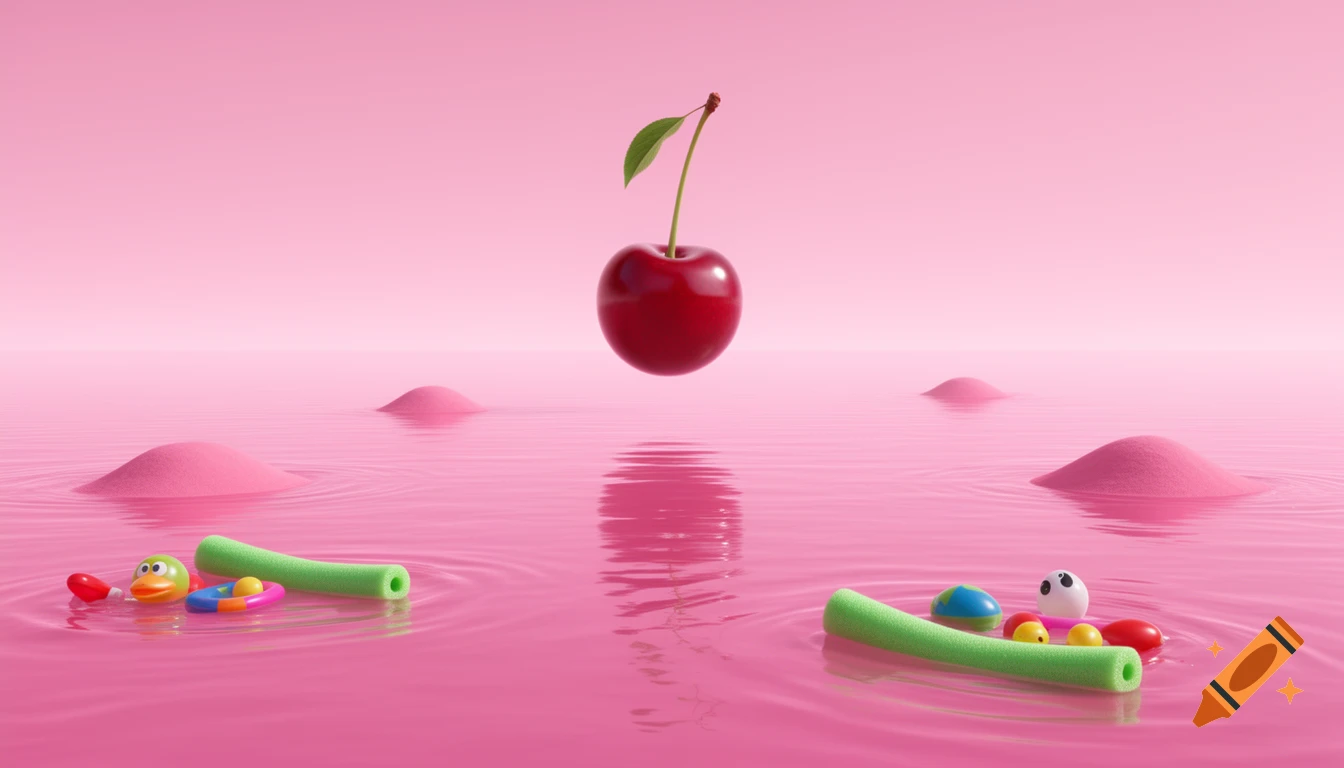 A gigantic red cherry floats above a pink lake with pink mounds and colorful pool toys in a surreal, dreamlike scene.