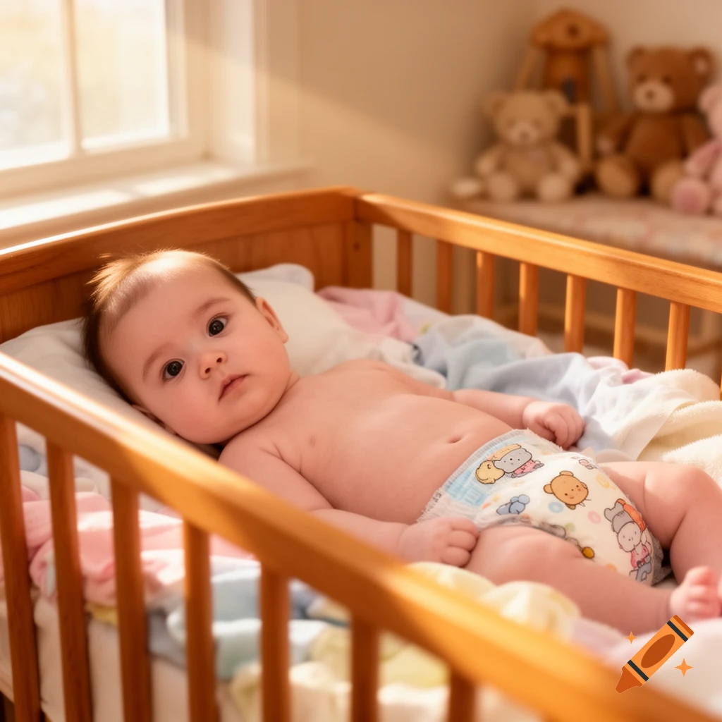 Photorealistic image of a baby wearing a patterned diaper, lying in a wooden crib with sunlight from a window. Teddy bears are blurred in the background.