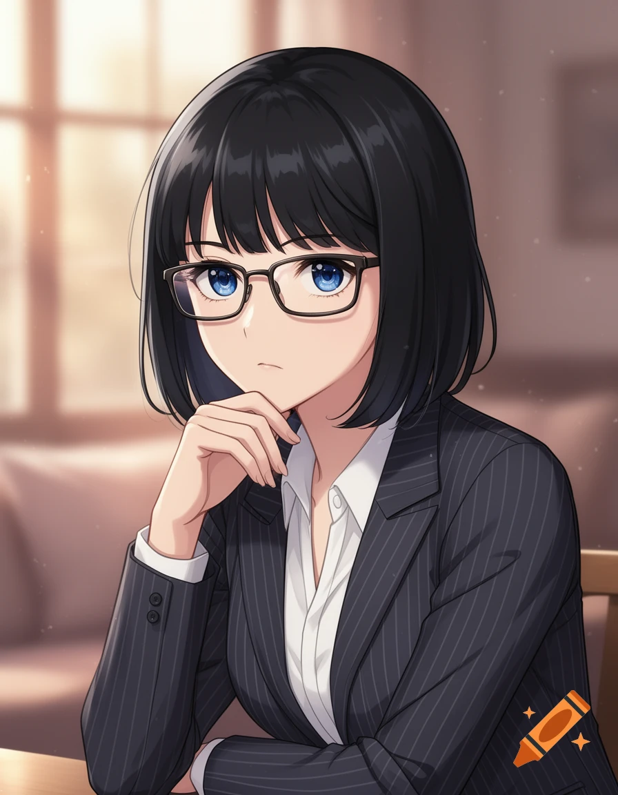 Anime girl with black bob hair, glasses, and a pinstripe suit, resting her chin on her hand.