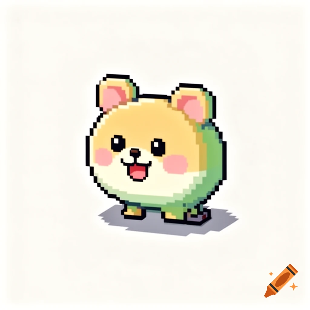 A cute, pixelated character with a round, light brown and green body, pink cheeks, and small ears, smiling with its tongue out, on a white background.