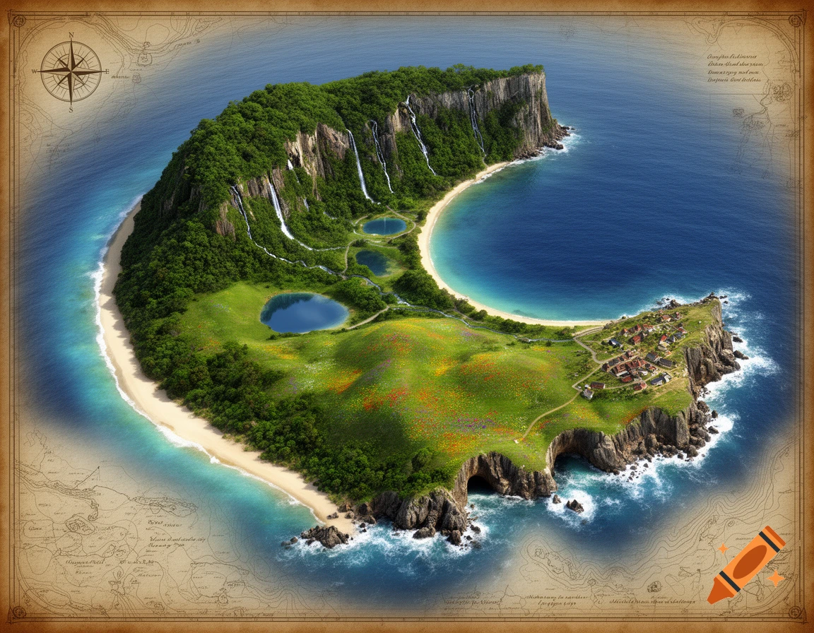 Aerial view of a realistic crescent island featuring green forests, waterfalls, lakes, sandy beaches, and a village, framed as an old map.