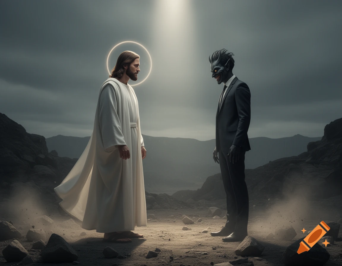 Photorealistic image of Jesus with a halo facing a demonic figure in a suit, in a desolate rocky landscape under a stormy sky.