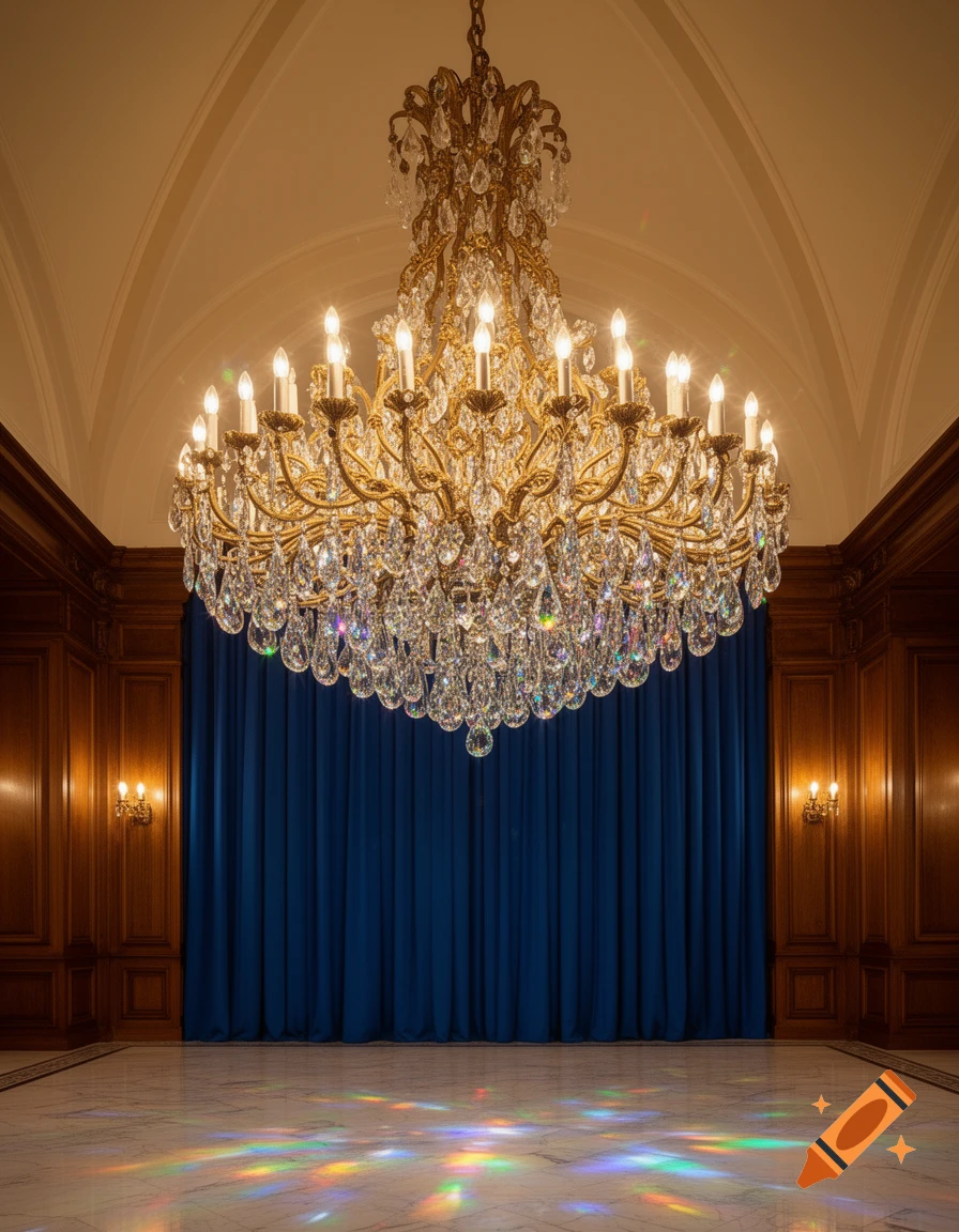 A grand, ornate gold and crystal chandelier hangs above a luxurious room with dark blue curtains and a marbled floor reflecting colorful light.