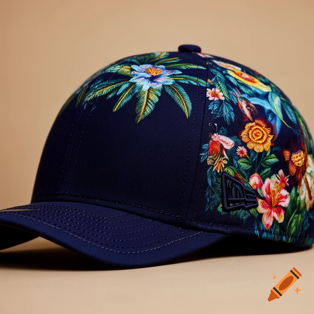 Dark blue baseball cap with vibrant tropical floral embroidery of colorful flowers and green leaves on its side and back.