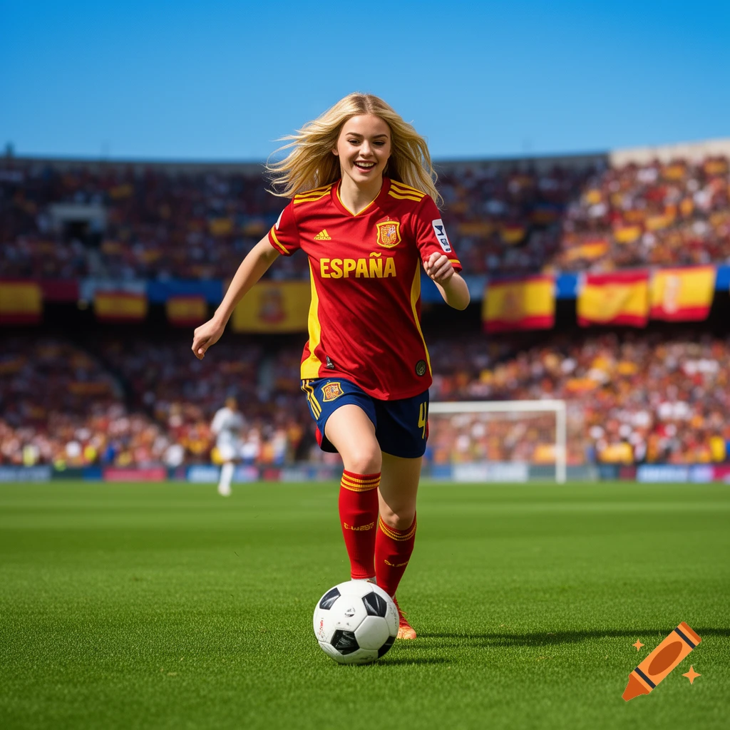 A blonde woman in a red and yellow Spain soccer uniform dribbles a ball on a green field in a stadium.