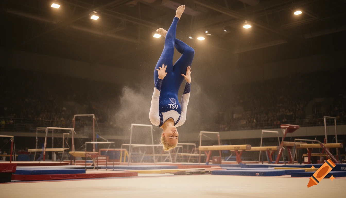 A blonde female gymnast in a blue and white leotard performs a backflip, upside down in mid-air in a brightly lit arena.