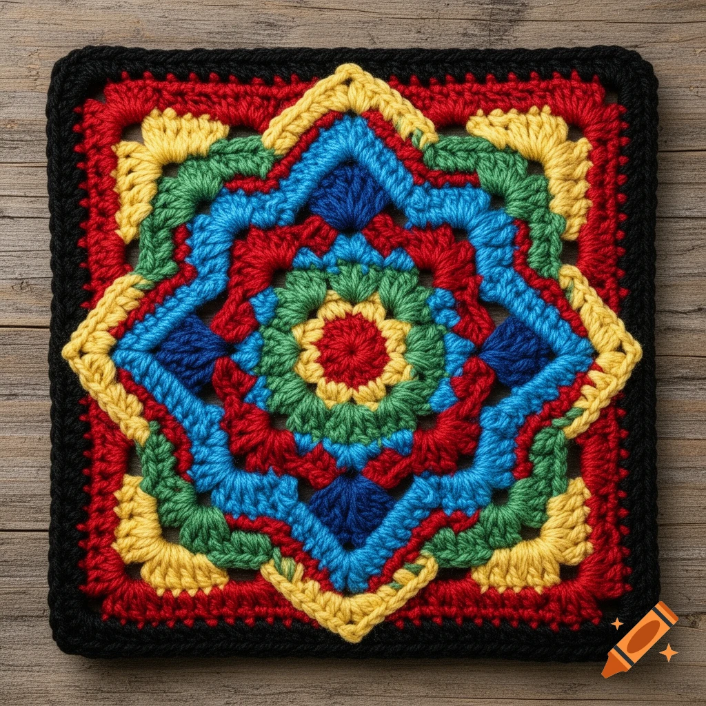 A vibrantly colored geometric granny square crochet piece, featuring red, blue, yellow, and green yarn, on a wooden background.