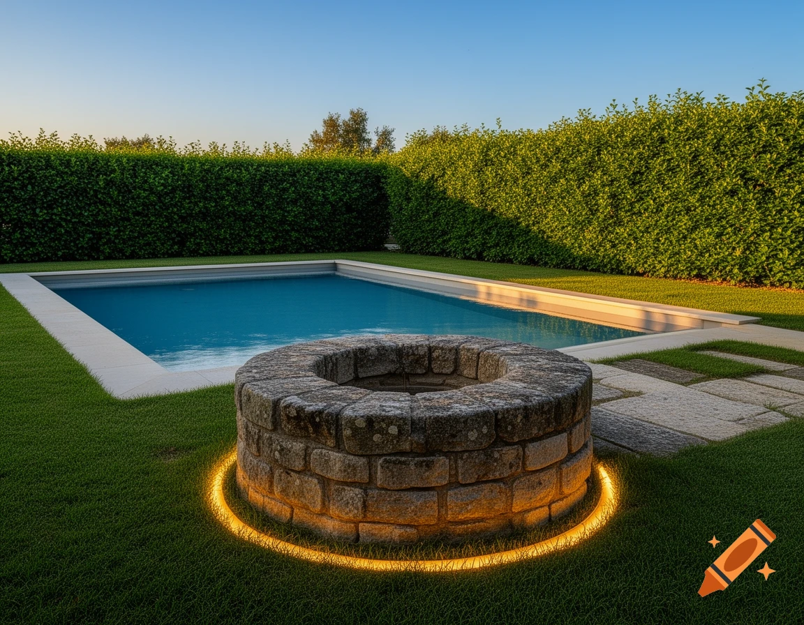 A rectangular swimming pool in a lush green backyard, with a stone well surrounded by a golden light in the foreground and a tall green hedge.